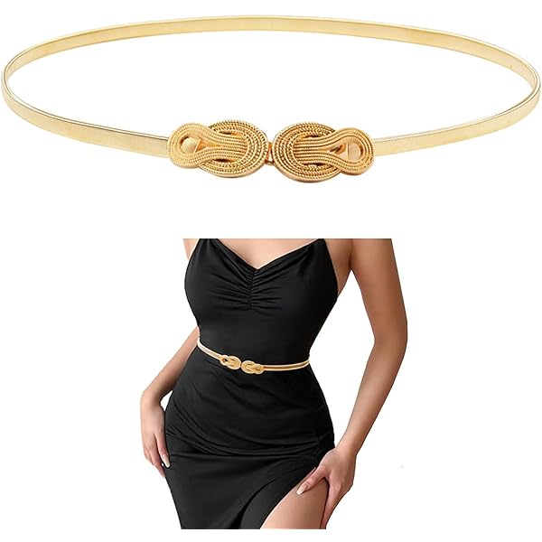 Leanoria Women's Skinny Elastic Metal Belt Gold Waistband Stretch Waist Belts  Thin Belt for Dress (2 Star S Size) at Amazon Women's Clothing store