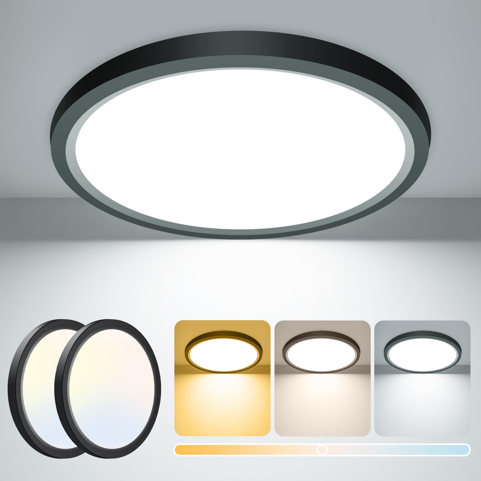 zemty [2 Pack 15W 1800LM LED Ceiling Light, Bathroom Lights Ceiling 3000K/4000K/6500K, 18cm IP44 Waterproof Ultra Thin Round Black Flush Ceiling Light for Living Room,Bedroom,Kitchen,Toilet