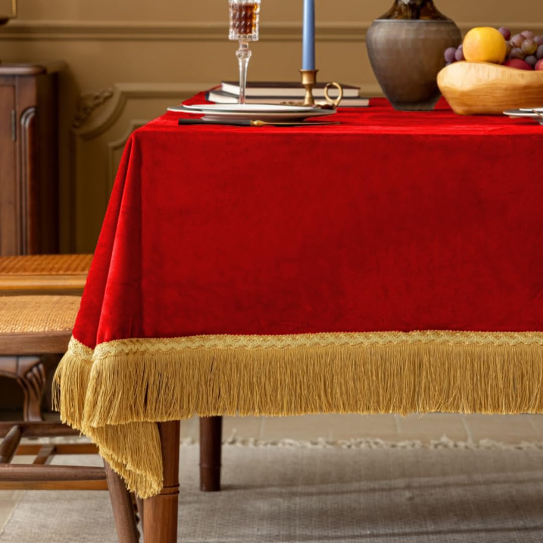 Photo 1 of ***(MINOR DAMAGE/ SEE NOTES)***F-CHU Red Tablecloth Thickset Velvet Tablecloth with Beautiful Gold Tassels Vintage Table Cloth for Home Decor Wedding, Party, Banquet and Events 60x86-Inch