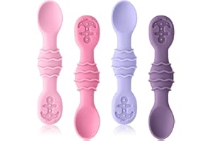 Qkie Silicone Baby Spoons, Baby Utensils for Infants Toddlers Self Feeding, Chew, First Stage Baby Led Weaning(BLW), Baby Feeding Essentials, Set of 4 Pack (Lollipop Pink)