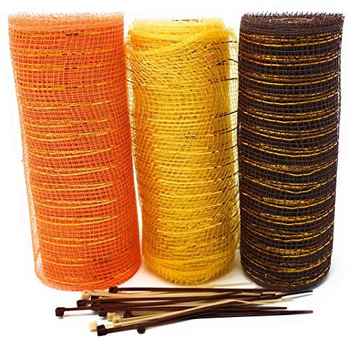 Fall Thanksgiving Decorative 5 Yard Mesh Rolls (Pack of 3) for Crafting Wreaths and Zip Ties for Securing Mesh to Frames (Dark Brown, Gold, Orange)