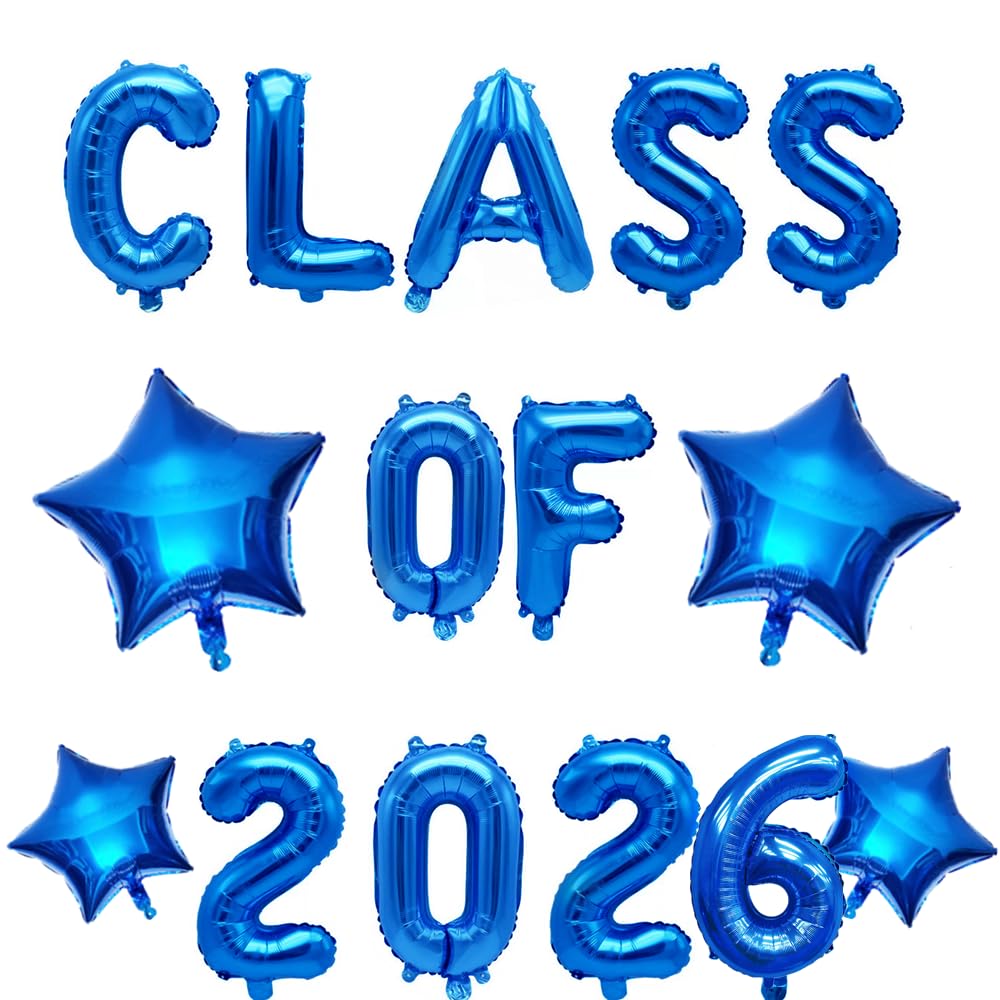 Class of 2026 Balloons with Blue Star, Hanging Foil Balloons Letter for High School College Grad Graduation Party Decorations Blue