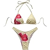 QJQ Women's 2 Pieces Floral Print Thong Bikini Set High Cut Halter Triangle Swimsuit Sexy Bathing Suits Swimwear