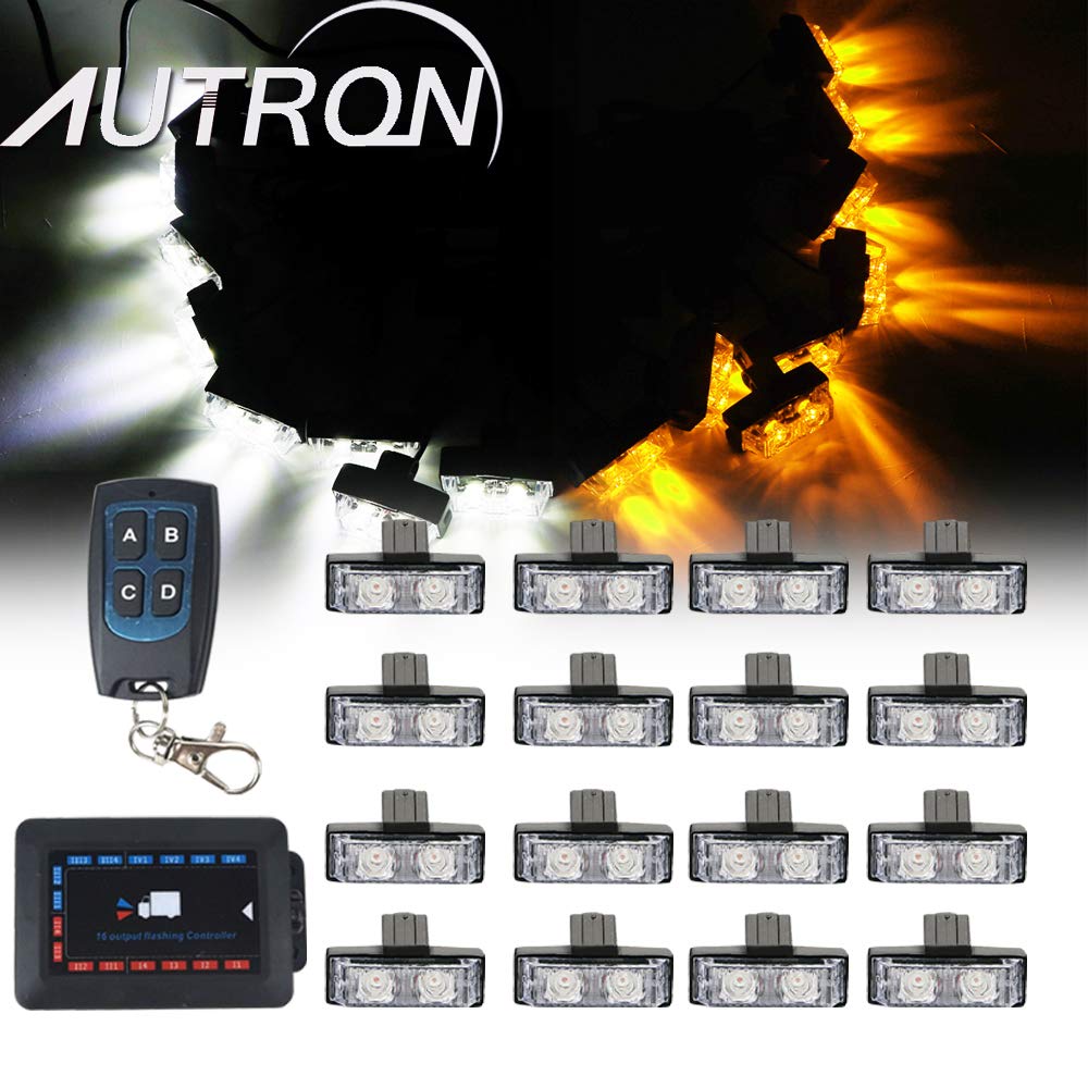 16In1 LED Amber Strobe Emergency Warning Deck Dash Grill Side Lights Remote Control for Auto Trucks Vehicles (Amber/White)