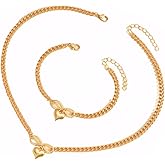 DURUILY Gold Necklace and Bracelet Set for Women Chunky Gold Heart Pendant Necklace with Dainty Bracelet Stackable Layered Necklaces Non Tarnish Jewelry Set Trendy Fashion Accessories