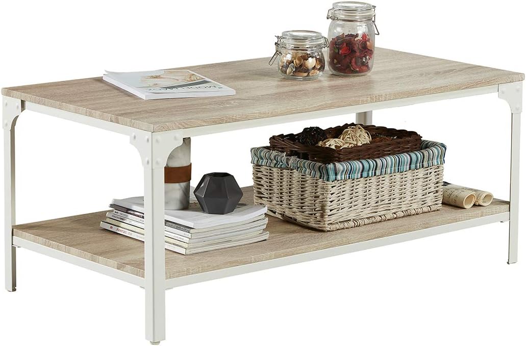 Homissue Industrial Style Coffee Table with Lower Shelf, 2 Tier Rectangular Cocktail Table for Living Room, Light Oak Shelf, 1-PCS