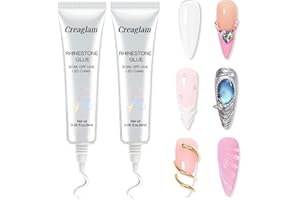 CREAGLAM Rhinestone Glue for Nails - 2 Pack 16ML Super Strong Gel Adhesive for Nail Art Decorations, Charms, 3D Bling, Gems & Diamonds Precision Tip Bottle - LED Lamp Cure Required