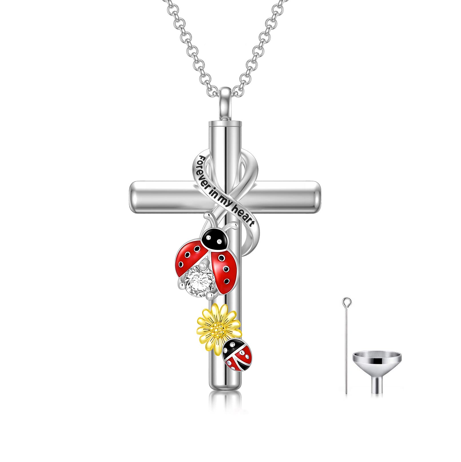 Flpruy Cross Urn Necklaces for Human Ashes 925 Sterling Silver Ladybug Urn Necklaces Cremation Keepsake Memorial Pet