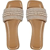 Verdusa Women's Boho Pearls Square Open Toe Flat Sandals PU Leather Slippers Vacation Outfits