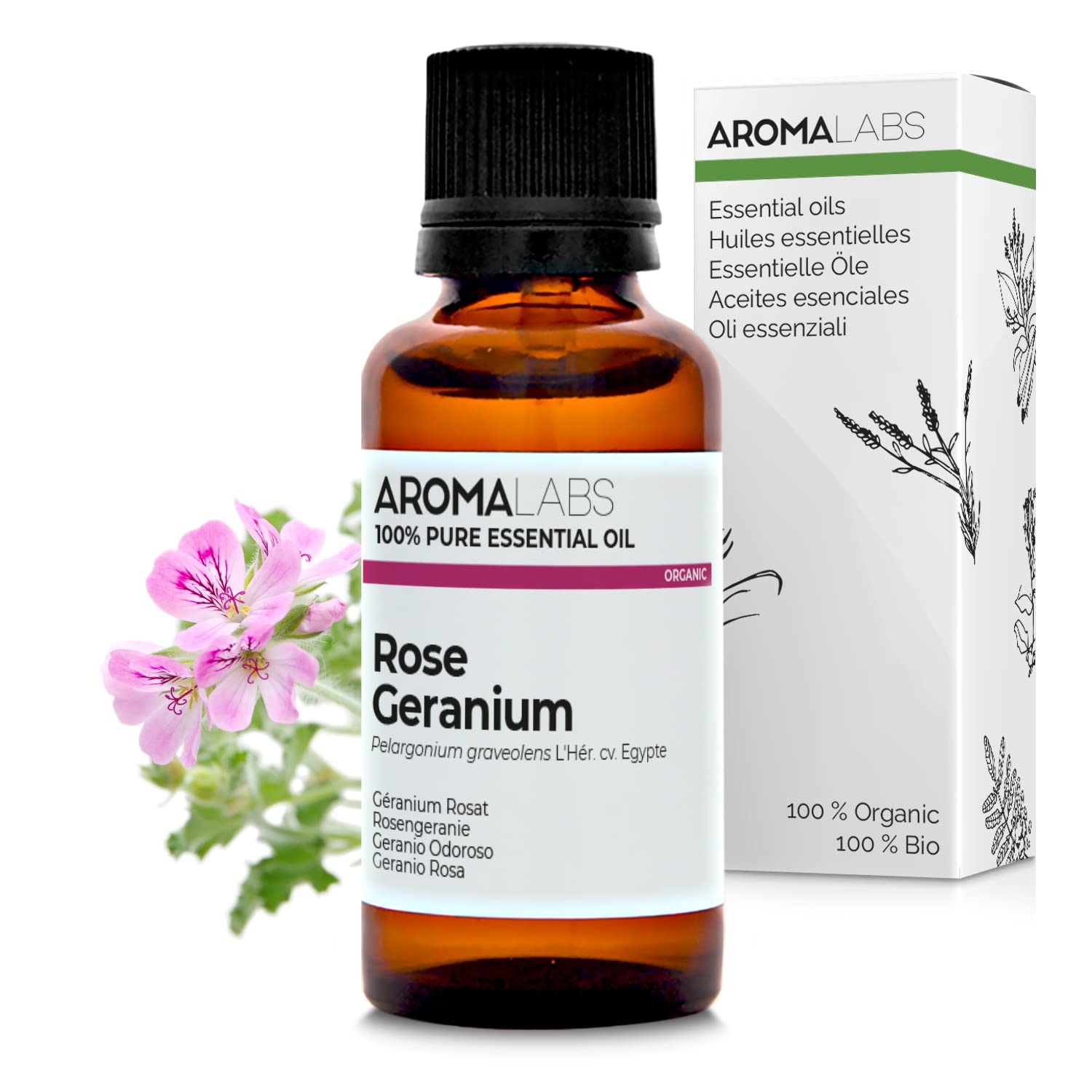 BIO - Rose Geranium Essential Oil - 30mL - 100% Pure, Natural, Chemotyped and AB Certified - AROMA LABS (French Brand)