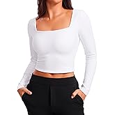CRZ YOGA Womens Butterluxe Double Lined Long Sleeve Crop Top Square Neck Workout Athletic Casual Cropped Fitted Basic Shirts