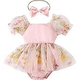 ODASDO Dresses for Baby Girls Birthday Party Newborn Princess Romper Flower Embroidery Short Sleeve Sundress with Headband