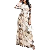 GORGLITTER Women's Mesh Long Sleeve Maxi Dresses Fall Formal Boho Wedding Guest Prom Cocktail Party Tie Dye Long Dress