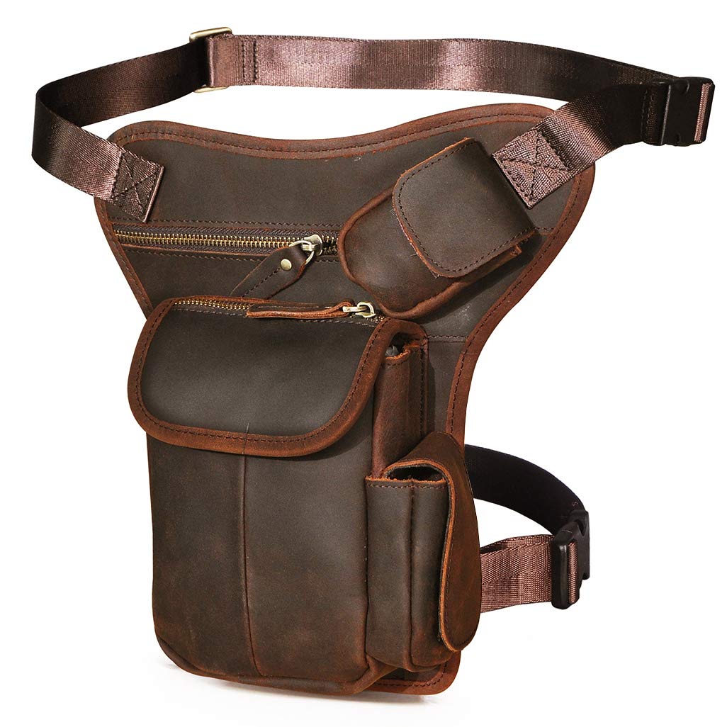 Le'aokuu Mens Genuine Leather Messenger Motorcycle Tactic Hip Bum Belt Waist Pack Drop Leg Thigh Bag (1 3106 A Brown)