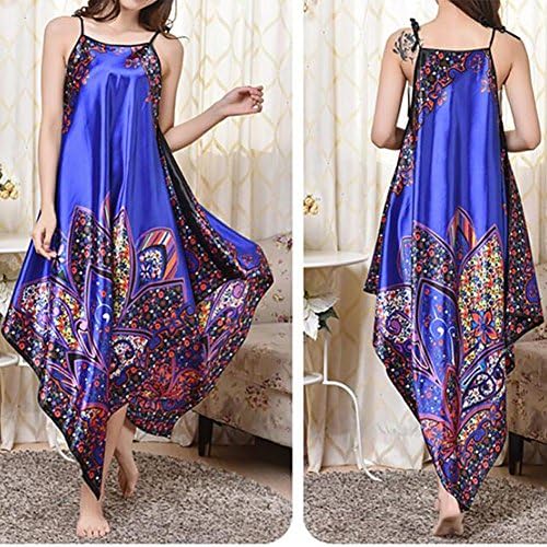 HXQ Women's Summer Silk Robe Flower Knee Length nightgown Sleepwear Silk Nightwear Bathrobes Bath skirt , blue