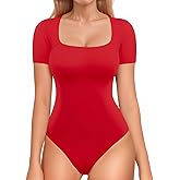 MANGOPOP Women Square Neck Short Sleeve Bodysuit Double Lined Thong Body Suits Shirts Basic Top