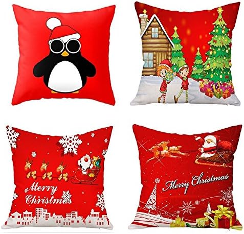 NATURALSHOW Throw Pillow Covers Set of 4 Decorative Pillowcase Covers Cushion Case 18"x 18" Christmas Reindeer