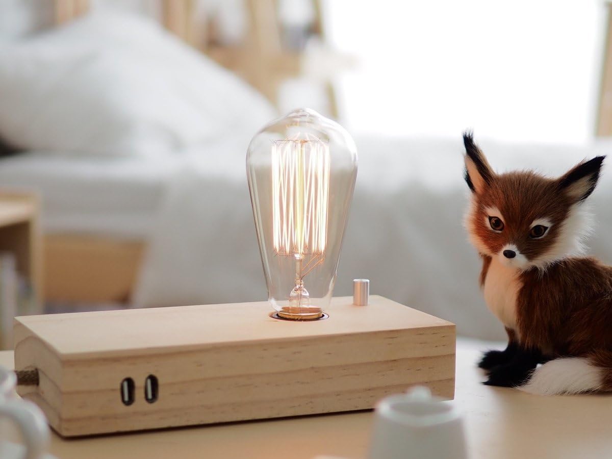 Edison Box - Dimmable vintage table wood lamp with 2 USB ports by Barrel Workshop (220v. vintage bulb is included)