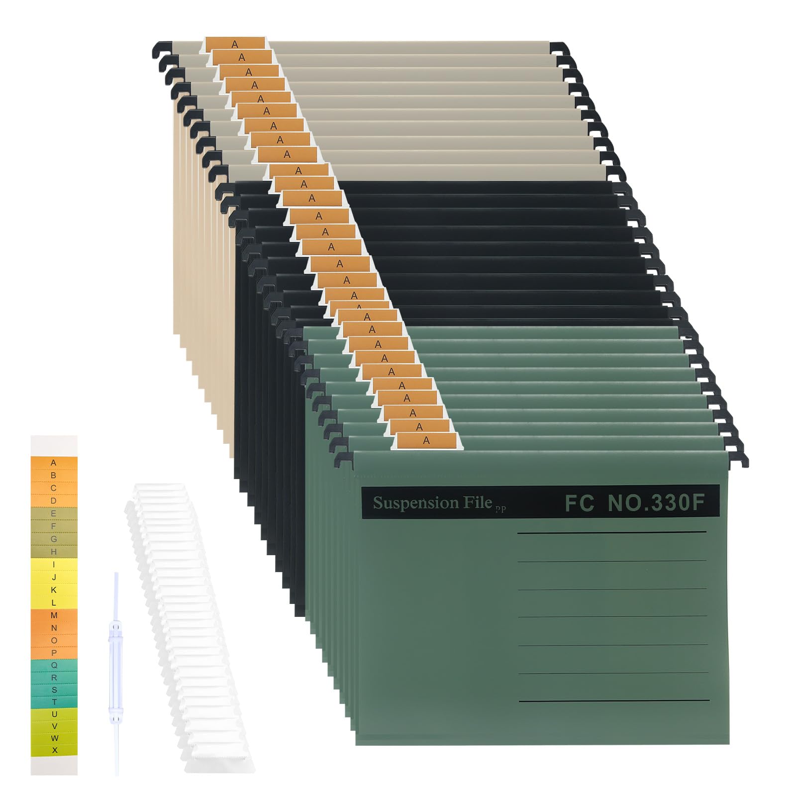 Foolscap Suspension Files,30 Pack Polypropylene Filing Cabinet Suspension File with Tabs and Card Inserts for Office School Home(Mixed Color)