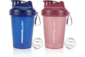 CREAWELLAY 2 Pack Shaker Bottles for Protein Mixes, 17 oz Small Protein Shaker Bottle with Handle, Gym Shaker Cups with Blending Ball for Pre Workout, BPA-Free & Dishwasher Safe (Blue, Pink)