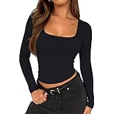 ForeFair Women Square Neck Long Sleeve Going Out Tops Tight Double Lined Basic Tees Shirt