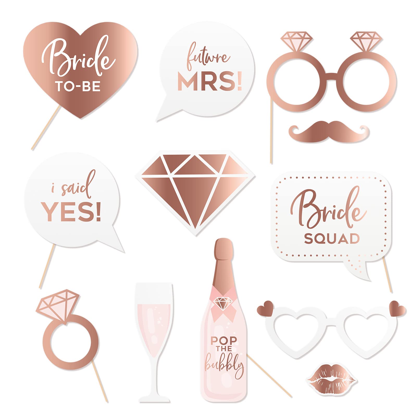 Nicrolande Rose Gold Wedding Photo Booth Props - 12Pack Hen Party, Bridal Shower, Engagement, Bachelorette Props by Ginger Ray