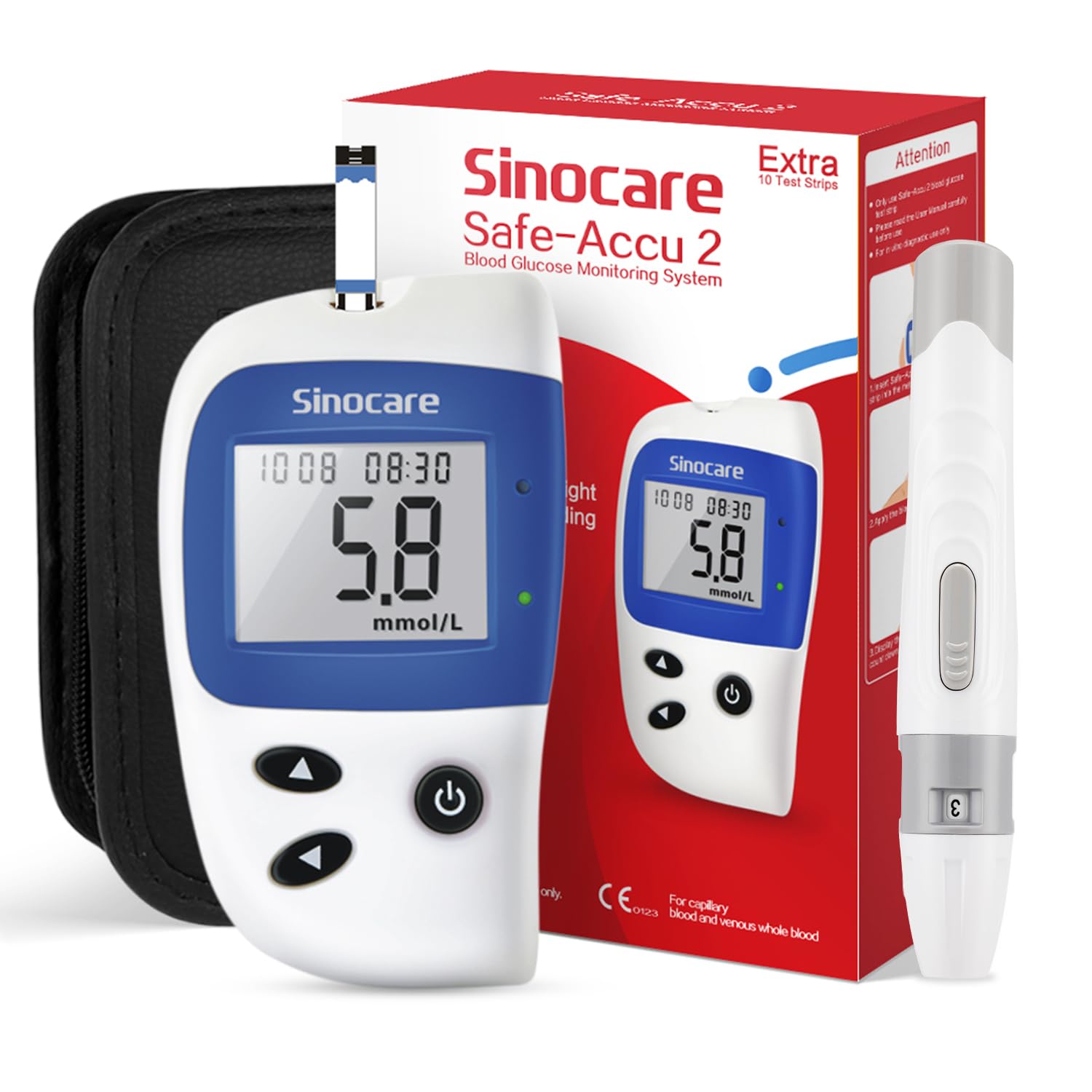 sinocare Diabetes Test Kit, Blood Glucose Monitor, Safe-Accu2 Blood Sugar Testing Kit with Strips x 10 in mmol/L