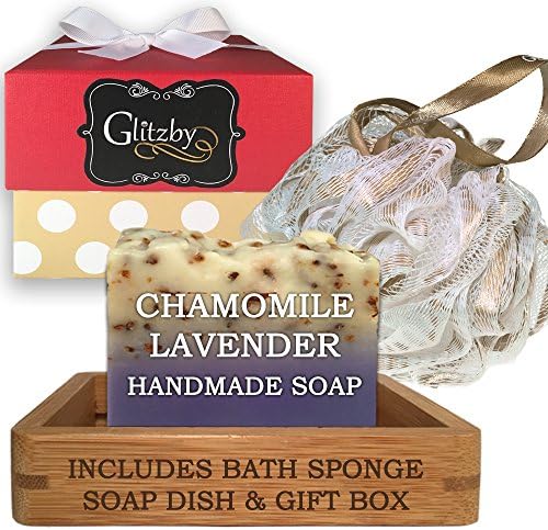 Luxury Handmade Soap Bath Gift Set - Includes Loofah &amp; Bamboo Soap Dish (Chamomile Lavender)