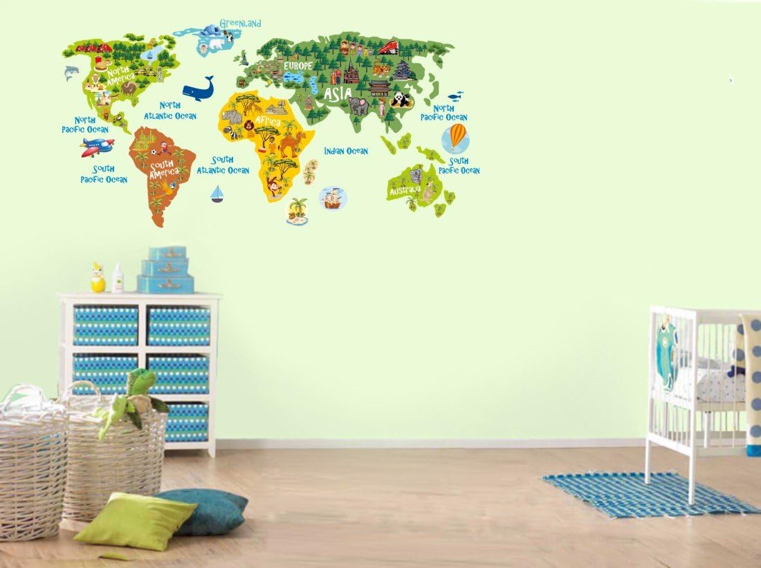 lepni.me World Map Kid’s Room Décor Peel and Stick Vinyl Sticker with Continents Oceans and Animals, Medium - Image 5