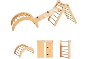 Asweets 4 in 1 Pikler Triangle Gym, Montessori Foldable Climber with Ramp, Indoor Climbing Toys for Kids, Climbing Triangle for Toddlers Arch Climber, Rocker, Learning Waldorf Children Toy, Natural