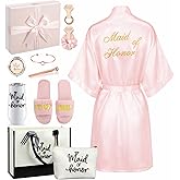 Berlune 14 Pcs Bride Gifts Box Sets Include Short Satin Robes Canvas Tote Bag Stainless Steel Glasses Slippers Wedding Gifts