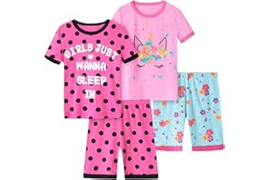 Vopawetty Girls 4-Piece Summer Pajamas Cotton Short Pjs Set Kids Sleepwear