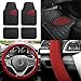 FH GROUP Car Seat Covers Premium Tall Channel Rubber Trimmable Floor Mats w. FH3001 Snake Pattern Silicone Steering Wheel Cover- Universal Fit for Trucks, SUVs, and Vans (Burgundy/Black) F11311