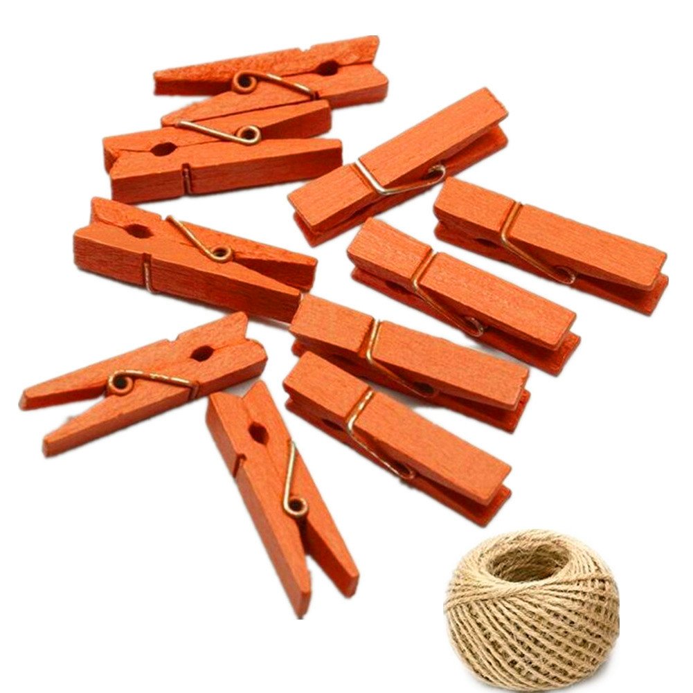 100 Colored Wooden Large Pegs 45mm Clothespins Craft Photo Clips with 20 Meters Jute Twine for Craft Rustic Decoration (Orange)