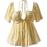 Verdusa Women's Plus Size Textured Tie Back Halter Top Boho Chic Shirred Ruffle Flowy T Shirts