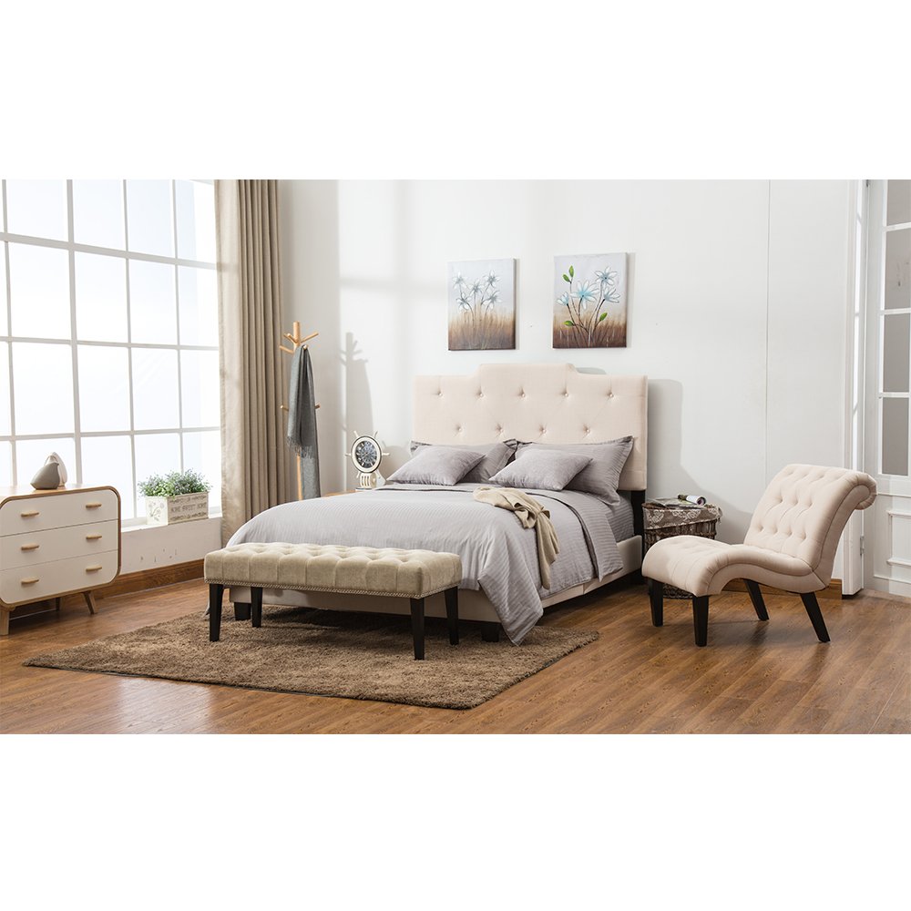 Bed Frame with Headboard, Jspoir Melodiz Ivory Upholstered