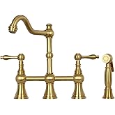Akicon Two-Handles Bridge Kitchen Faucet with Side Sprayer (Brushed Gold)