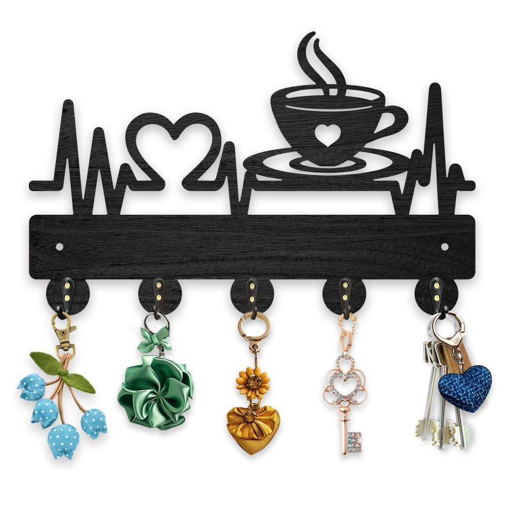 MAYJOYDIY Wood Coffee Heartbeat Coat Rack Wall Mount Hot Coffee Key Hangers 30×19.1cm Decorative Gift Black Wall Key Rack Organizer 5 Alloy Hooks for Bedroom Kitchen Entryway Office