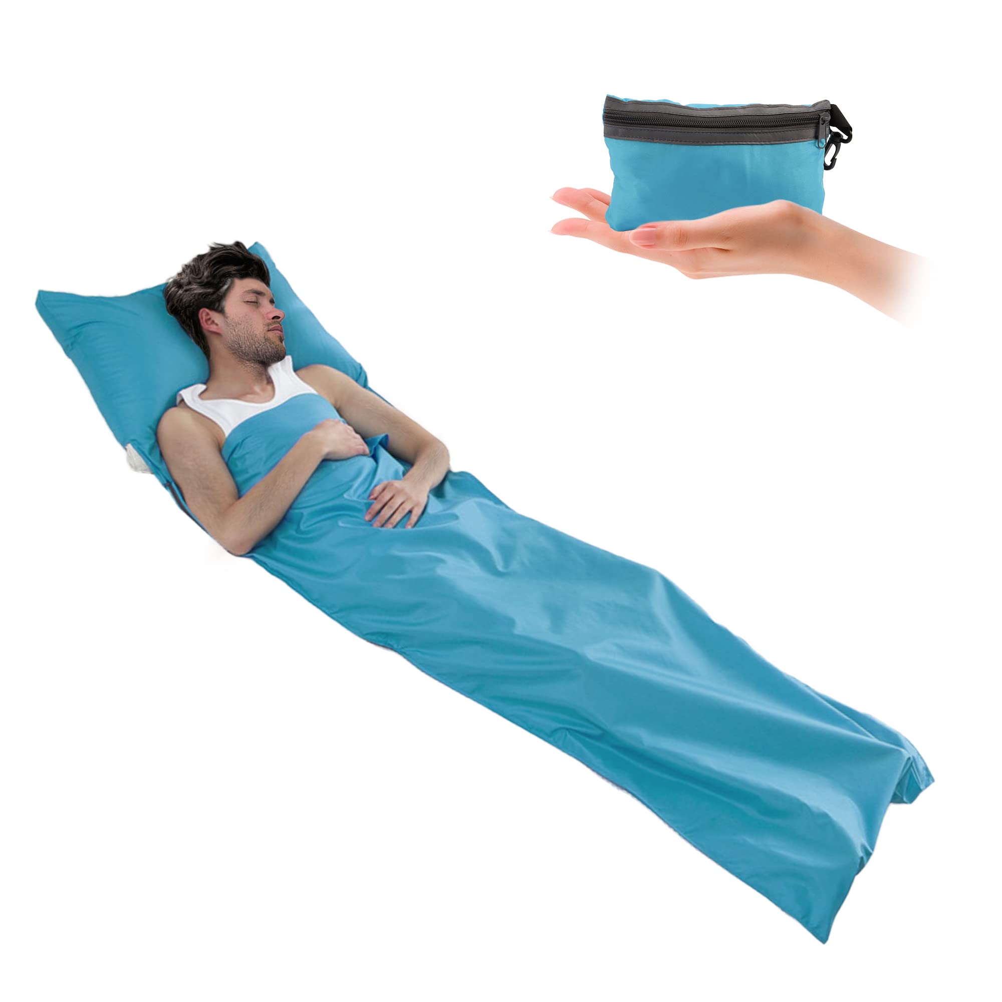 Kaket Sleeping Bag Liner 210 x 70 cm, Camping Sleep Bag Liner with Pillow Slot, Portable Lightweight Travel Sheet for Camping Hostels Picnic Hiking (Sky Blue)