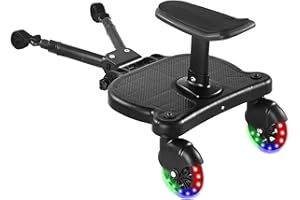 OMEGAGYM Universal Stroller Board Buggy Board with 2 LED Lighted Wheels and Detachable Seat, 2in1 Sit and Stand Stroller Glider Board Holds Children Up to 55 LBs City Mini Stroller Standing Board