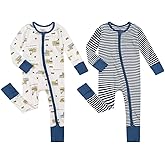 Teach Leanbh Unisex Baby 2 Pack Cotton Pajamas with Mittens and Feet Cuffs 2 Way Zipper Long Sleeve Romper Sleep and Play