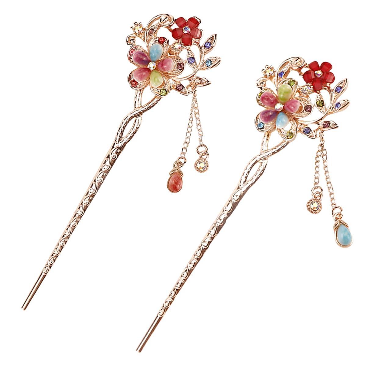 LNQ LUNIQI Chinese Hair Sticks Gold, Pack of 2 Vintage Hair Sticks with Pendant, Elegant Hair Stick with Rhinestones for Decorative Hair, Solid Hairstyle, 15 cm