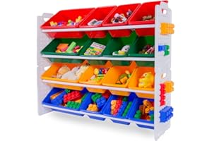 UNiPLAY Toy Organizer with 16 Removable Storage Bins, Multi-Bin Organizer for Books, Building Blocks, School Materials, Toys with Baseplate Board Frame (Primary)