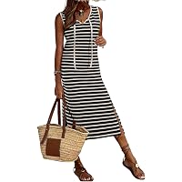 chinese dress ladies CUPSHE Womens Summer Maxi Dress Casual Sleeveless Square Neck Striped Beach Long  Dress with Pockets Black Beige Striped, XS at Amazon Women's Clothing store