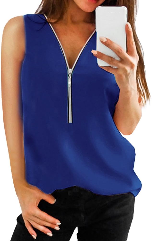 Seaintheson Womens Short Sleeve Tops,Casual Deep V Neck Chiffon Solid T-Shirt 3/4 Roll Sleeve Zipper Tunic Shirt Blouses
