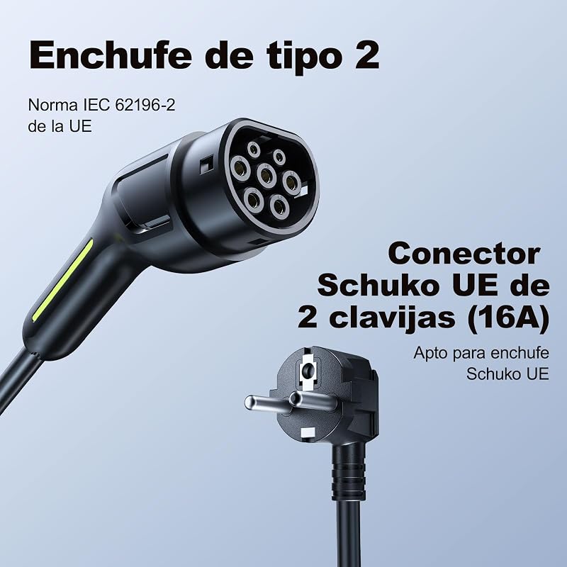 Cable Carga Coche Electrico, monofasico, portatil, Plug & Play, 16A, 7 m, IP65, Mode 2, para Mayoría EVs & PHEVS