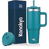 Konokyo 30 oz Tumbler with Handle and 2 Straws,2 in 1 Lid Insulated Water Bottle Stainless Steel Travel Coffee Mug,Blue