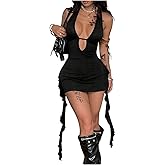 SOLY HUX Women's Sexy Halter Mini Dress Open Back Y2k Deep V Neck Backless Ruffle Fringe Bodycon Club Dresses