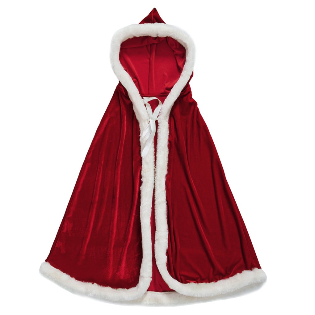 FakeFace Women Christmas Costume Mrs. Santa Claus Deluxe Velvet Hooded Cape Robe Cardigan Cloak Dress Halloween Role Play Party Dress Outfit for Christmas Masquerade Party 150cm