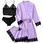 LYANER Women's 4pcs Sleepwear Satin Floral Lace Trim Cami Pajama Set with Robe
